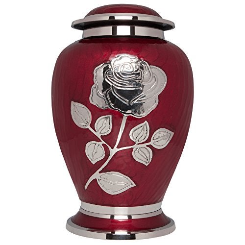 Ansons Urns Silver Rose Cremation Urn - Funeral Urn with Large Flower on Red Enamel - Burial Urn for Human Ashes Adult Size - 100% Brass - Image 1
