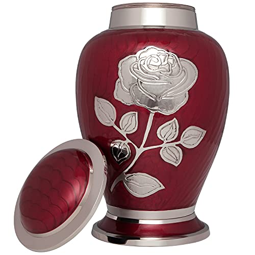 Ansons Urns Silver Rose Cremation Urn - Funeral Urn with Large Flower on Red Enamel - Burial Urn for Human Ashes Adult Size - 100% Brass - Image 3