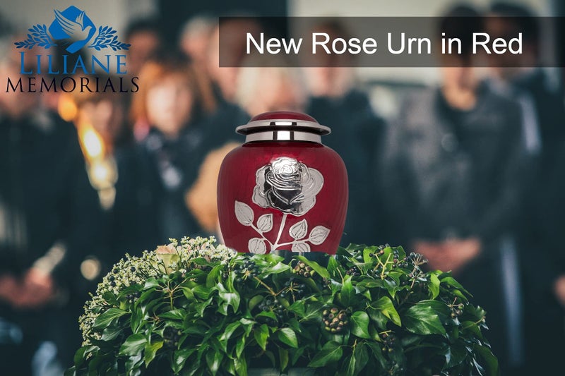 Ansons Urns Silver Rose Cremation Urn - Funeral Urn with Large Flower on Red Enamel - Burial Urn for Human Ashes Adult Size - 100% Brass - Image 2