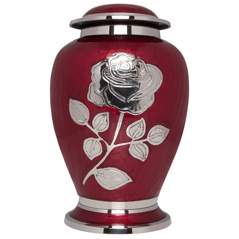 Ansons Urns Silver Rose Cremation Urn - Funeral Urn with Large Flower on Red Enamel - Burial Urn for Human Ashes Adult Size - 100% Brass - Image 5