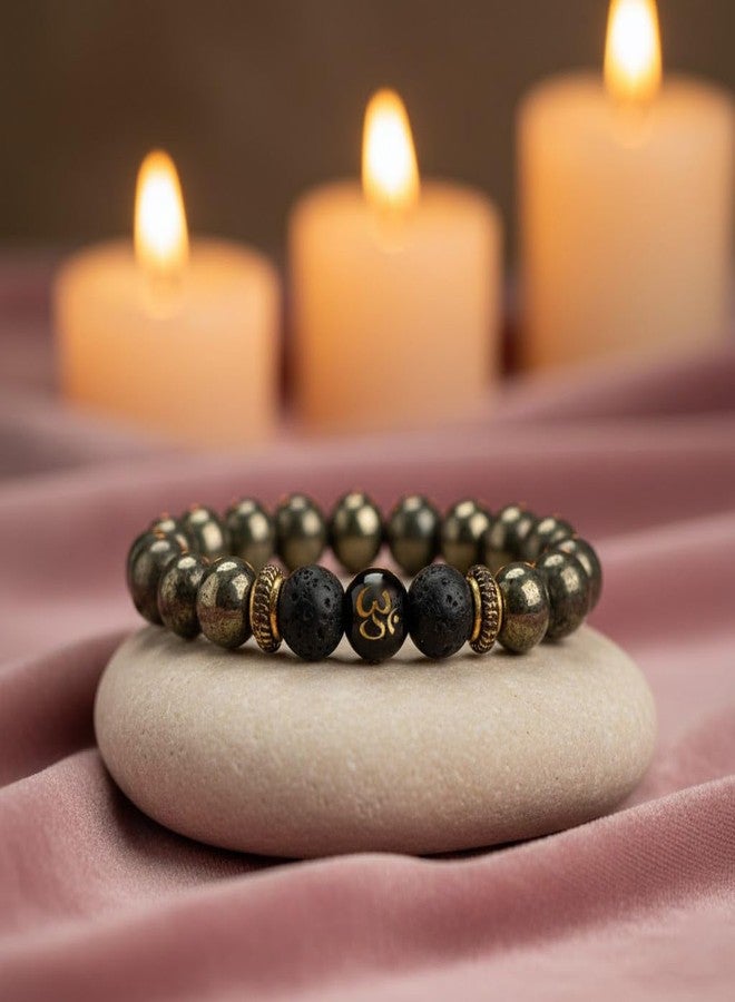 SATVIK Pyrite with Lava Healing Stone Bracelet – 8mm Natural Wealth & Grounding Crystal Bracelet with Om Charm | Adjustable Unisex Spiritual Energy Jewelry Attracts prosperity and positive financial energy Reduces stress and negative energy - Image 3