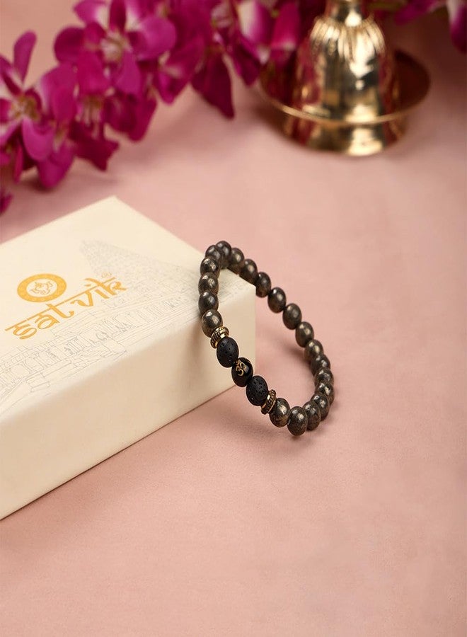 SATVIK Pyrite with Lava Healing Stone Bracelet – 8mm Natural Wealth & Grounding Crystal Bracelet with Om Charm | Adjustable Unisex Spiritual Energy Jewelry Attracts prosperity and positive financial energy Reduces stress and negative energy - Image 5