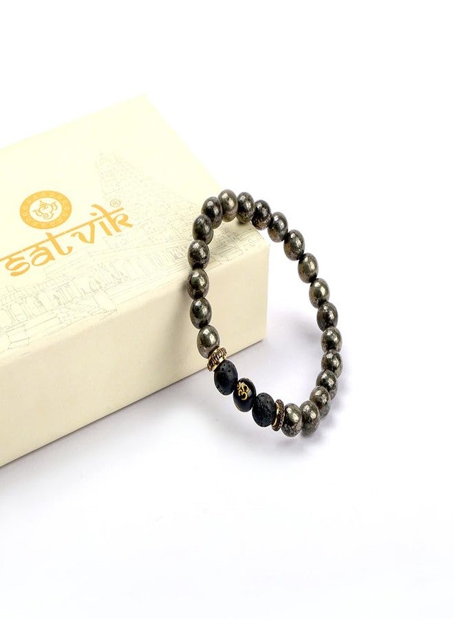 SATVIK Pyrite with Lava Healing Stone Bracelet – 8mm Natural Wealth & Grounding Crystal Bracelet with Om Charm | Adjustable Unisex Spiritual Energy Jewelry Attracts prosperity and positive financial energy Reduces stress and negative energy - Image 2