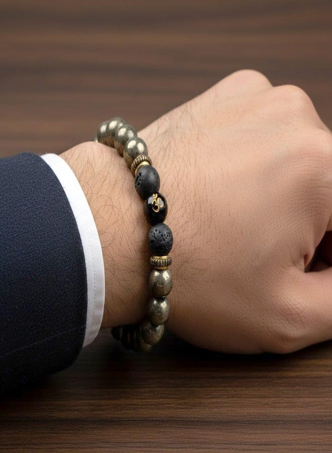 SATVIK Pyrite with Lava Healing Stone Bracelet – 8mm Natural Wealth & Grounding Crystal Bracelet with Om Charm | Adjustable Unisex Spiritual Energy Jewelry Attracts prosperity and positive financial energy Reduces stress and negative energy - Image 4