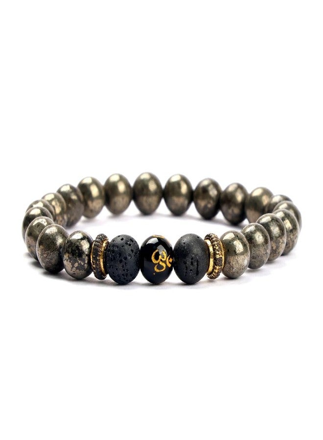 SATVIK Pyrite with Lava Healing Stone Bracelet – 8mm Natural Wealth & Grounding Crystal Bracelet with Om Charm | Adjustable Unisex Spiritual Energy Jewelry Attracts prosperity and positive financial energy Reduces stress and negative energy - Image 1