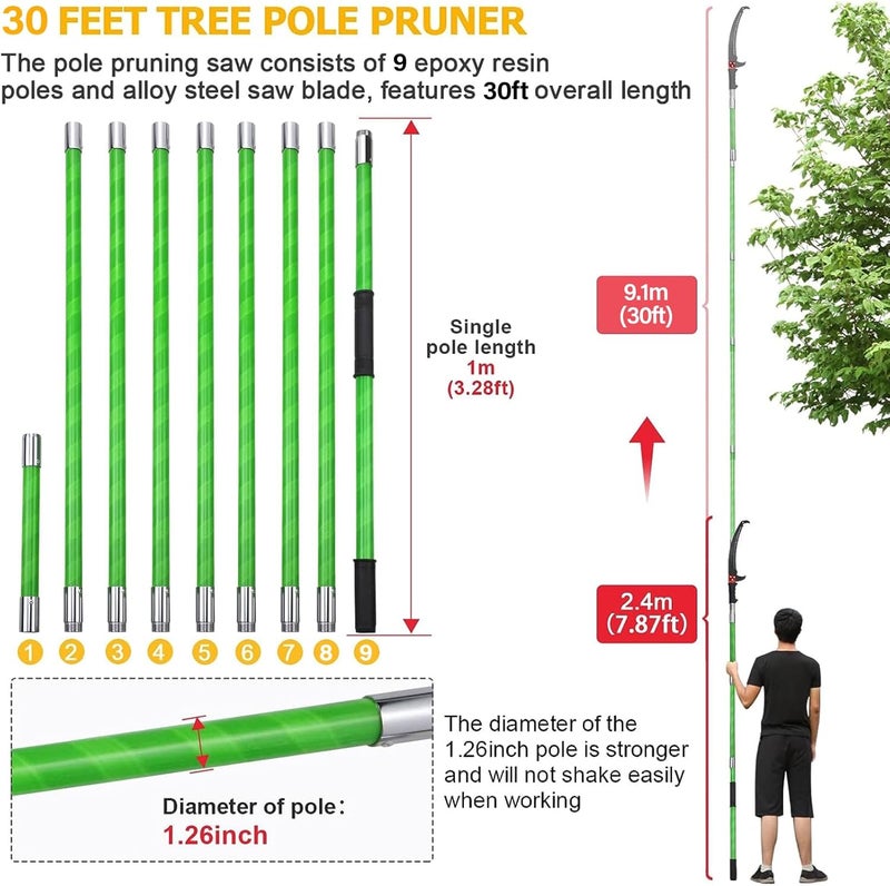Likeem 30 Feet Tree Pole Pruner Manual Branches Trimmer Tree Branch Garden Tools Loppers Hand Pole Saws Extendable Height - Image 4