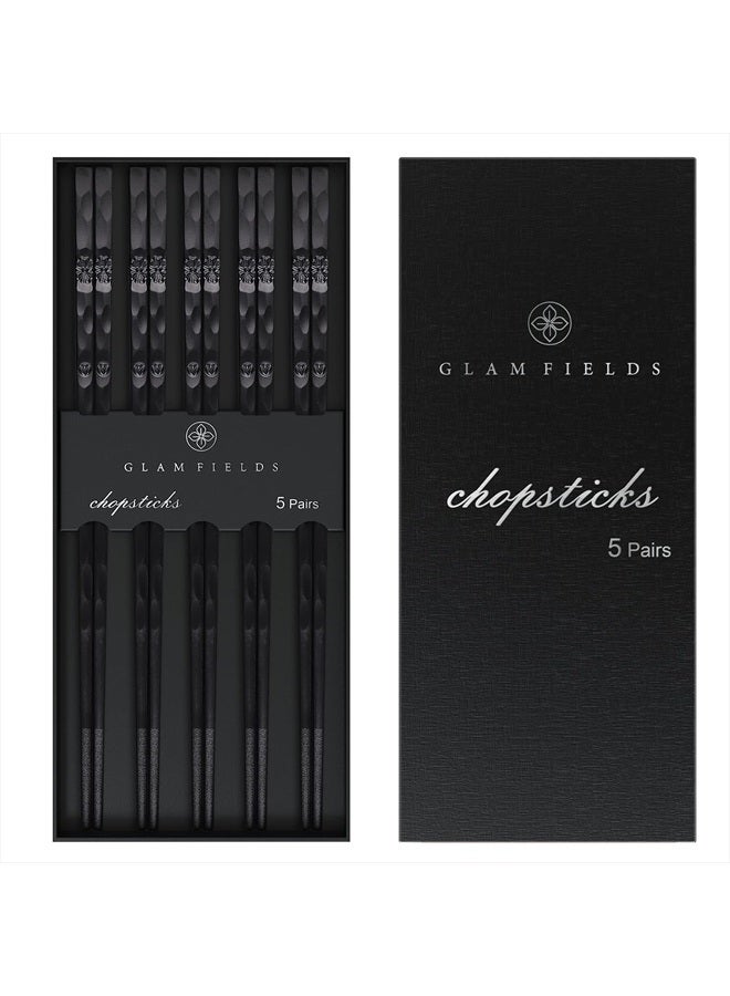 GLAMFIELDS 5 Pairs Japanese Fiberglass Chopsticks, GLAMFIELDS Reusable Chop sticks Dishwasher Safe, Non-slip, 9 1/2 inches - Gift Set Black - Image 1