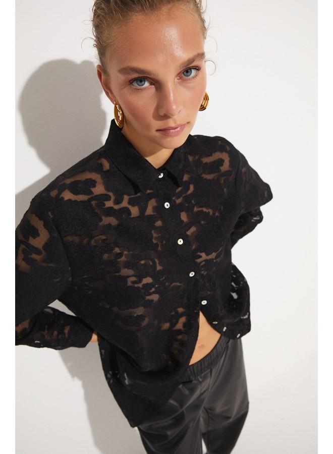 JUNE Women Exclusive Boyfriend/ Wide Fit Viscose Blend Transparent Detailed Shirt Black - Image 1