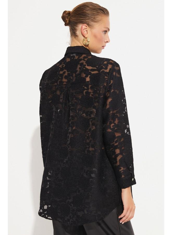 JUNE Women Exclusive Boyfriend/ Wide Fit Viscose Blend Transparent Detailed Shirt Black - Image 5