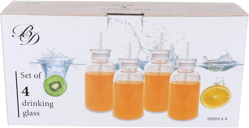 بي آند دي طقم برطمانات مياه زجاجية من B&D مع شفاط، 4 قطع، زجاجات شرب مزودة بأغطية - Image 3