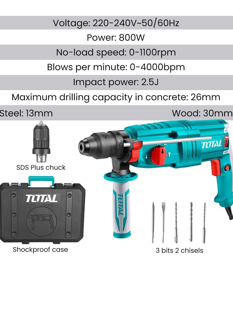 TOTAL TH308268-2 مطرقة دوارة (Rotary Hammer) بقوة 800 واط، مثقاب كهربائي SDS Plus بقطر 26 مم، مزود بـ 4 أوضاع للتشغيل، سرعة متغيرة، خاصية الدوران للأمام والخلف، طاقة طرق (صدم) تبلغ 2.5 جول، مقبض مساعد، ريش حفر وأزاميل، وحقيبة حمل؛ أداة مثالية للعمل على الخرسانة والفولاذ والخشب. - Image 4