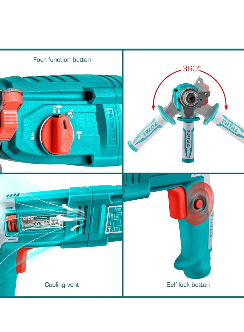 TOTAL TH308268-2 مطرقة دوارة (Rotary Hammer) بقوة 800 واط، مثقاب كهربائي SDS Plus بقطر 26 مم، مزود بـ 4 أوضاع للتشغيل، سرعة متغيرة، خاصية الدوران للأمام والخلف، طاقة طرق (صدم) تبلغ 2.5 جول، مقبض مساعد، ريش حفر وأزاميل، وحقيبة حمل؛ أداة مثالية للعمل على الخرسانة والفولاذ والخشب. - Image 3