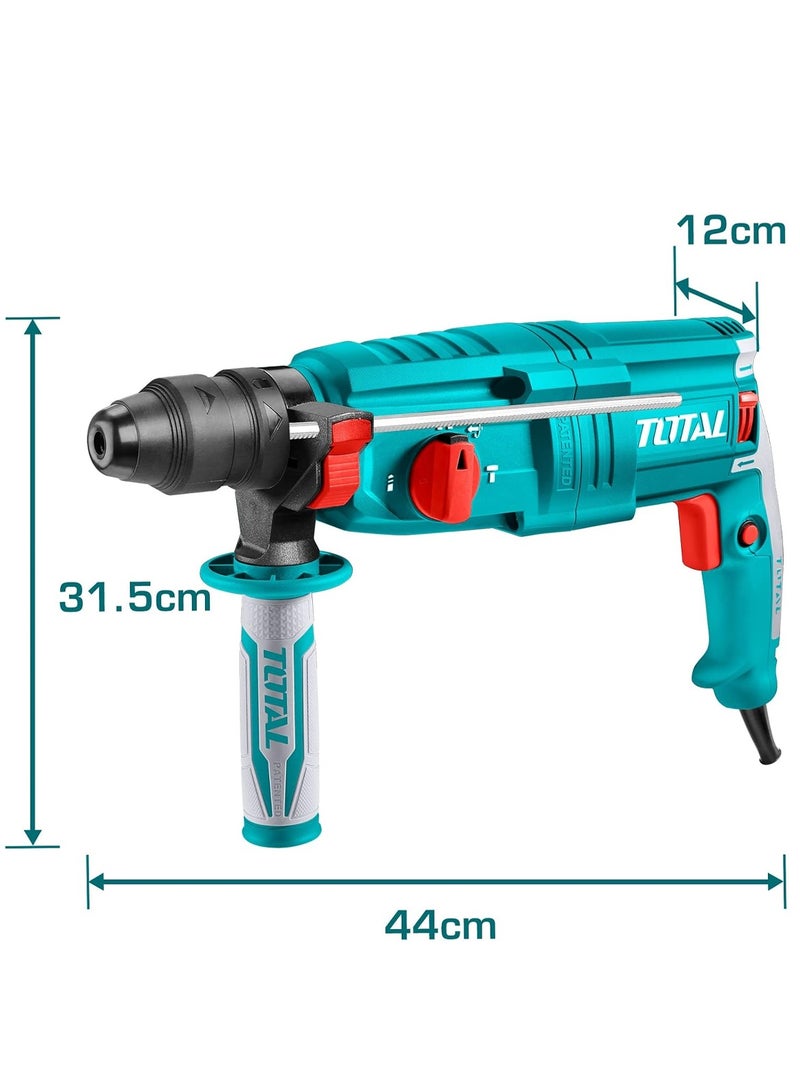 TOTAL TH308268-2 مطرقة دوارة (Rotary Hammer) بقوة 800 واط، مثقاب كهربائي SDS Plus بقطر 26 مم، مزود بـ 4 أوضاع للتشغيل، سرعة متغيرة، خاصية الدوران للأمام والخلف، طاقة طرق (صدم) تبلغ 2.5 جول، مقبض مساعد، ريش حفر وأزاميل، وحقيبة حمل؛ أداة مثالية للعمل على الخرسانة والفولاذ والخشب. - Image 5