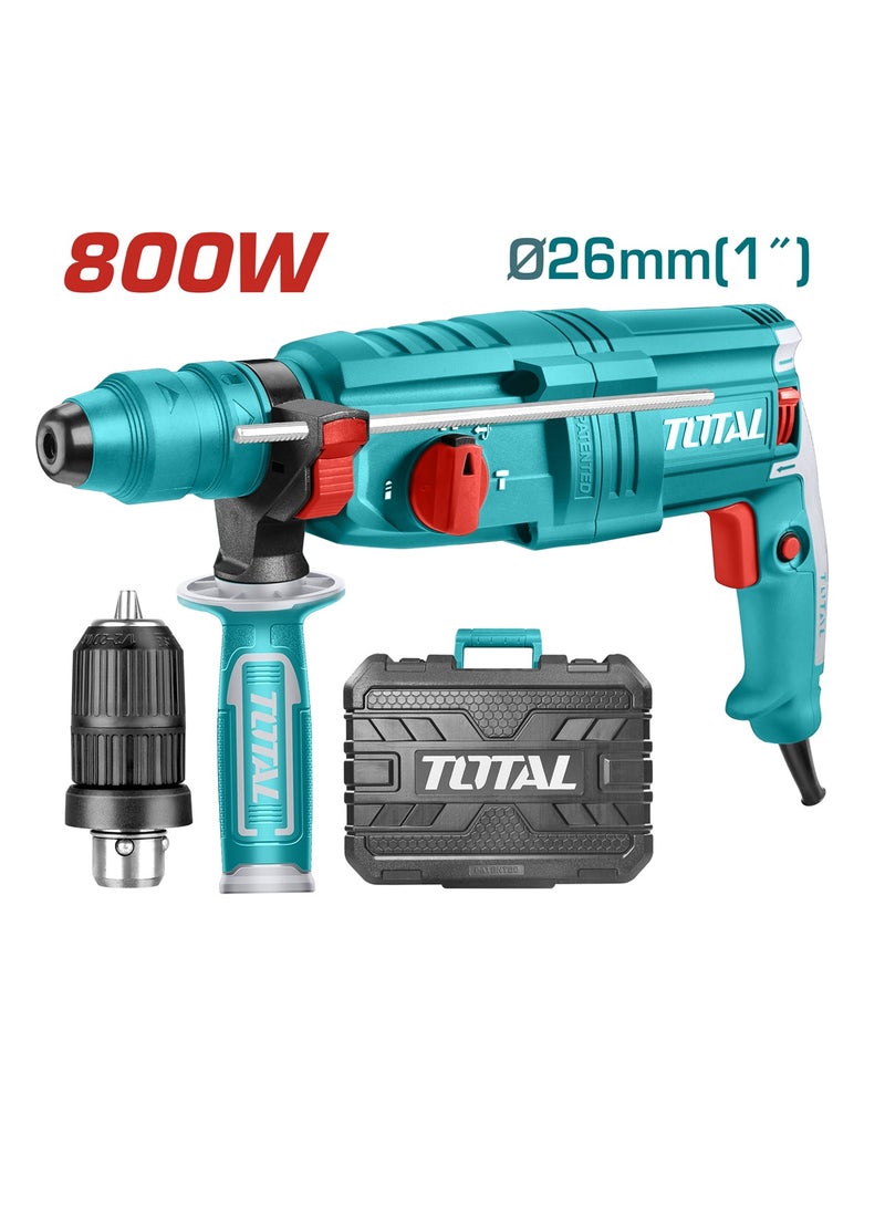 TOTAL TH308268-2 مطرقة دوارة (Rotary Hammer) بقوة 800 واط، مثقاب كهربائي SDS Plus بقطر 26 مم، مزود بـ 4 أوضاع للتشغيل، سرعة متغيرة، خاصية الدوران للأمام والخلف، طاقة طرق (صدم) تبلغ 2.5 جول، مقبض مساعد، ريش حفر وأزاميل، وحقيبة حمل؛ أداة مثالية للعمل على الخرسانة والفولاذ والخشب. - Image 2