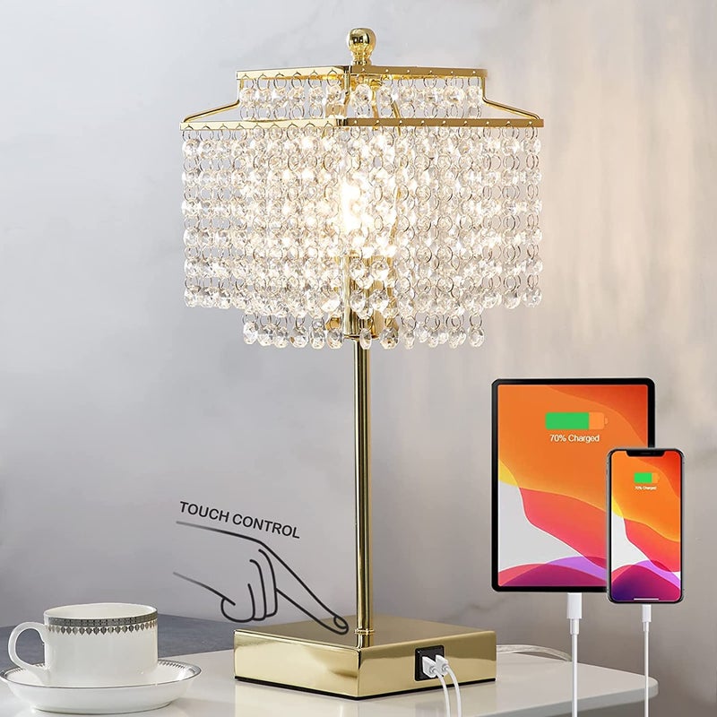 Luvkczc Crystal Touch Table Lamp, Bedside Lamps with with USB C+A Ports, Gold Bedroom Lamp, 3 Way Dimmable Lamp with Crystal Shade, Nightstand Lamps for Bedroom, Living Room, Bulb Included - Image 2
