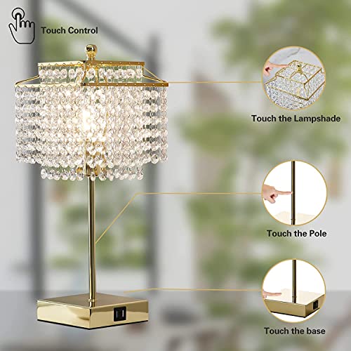 Luvkczc Crystal Touch Table Lamp, Bedside Lamps with with USB C+A Ports, Gold Bedroom Lamp, 3 Way Dimmable Lamp with Crystal Shade, Nightstand Lamps for Bedroom, Living Room, Bulb Included - Image 3