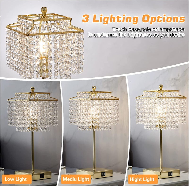 Luvkczc Crystal Touch Table Lamp, Bedside Lamps with with USB C+A Ports, Gold Bedroom Lamp, 3 Way Dimmable Lamp with Crystal Shade, Nightstand Lamps for Bedroom, Living Room, Bulb Included - Image 4