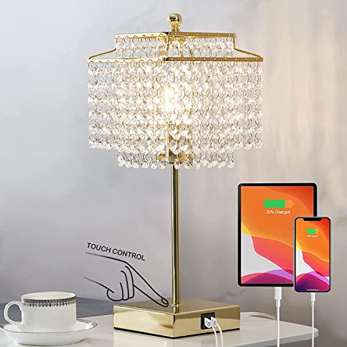 Luvkczc Crystal Touch Table Lamp, Bedside Lamps with with USB C+A Ports, Gold Bedroom Lamp, 3 Way Dimmable Lamp with Crystal Shade, Nightstand Lamps for Bedroom, Living Room, Bulb Included - Image 1