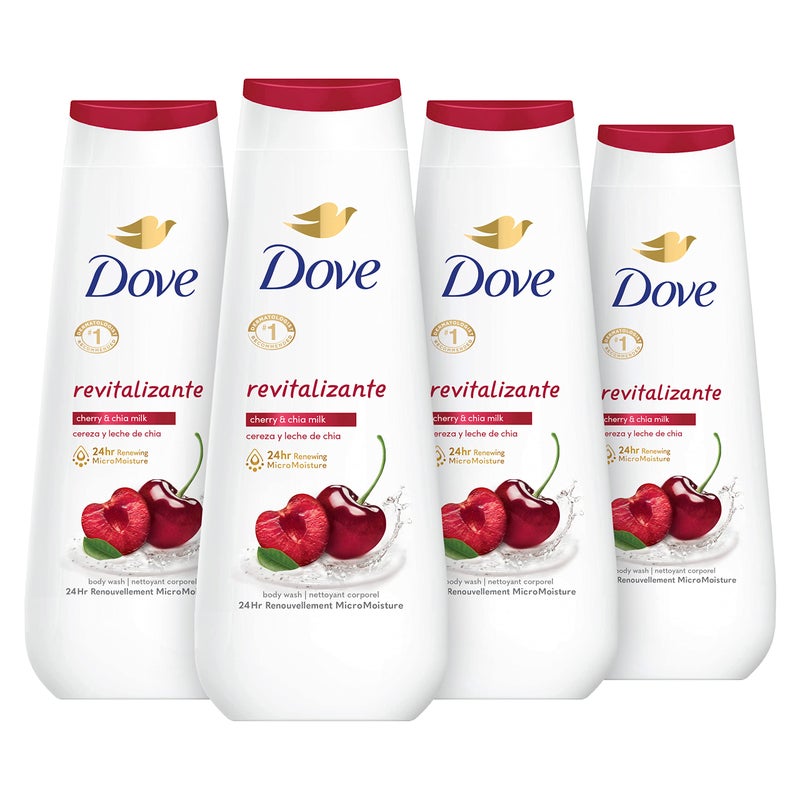 Dove Body Wash Revitalizante Cherry & Chia Milk 4 Count for Renewed, Healthy-Looking Skin Gentle Skin Cleanser with 24hr Renewing MicroMoisture 20 oz - Image 1