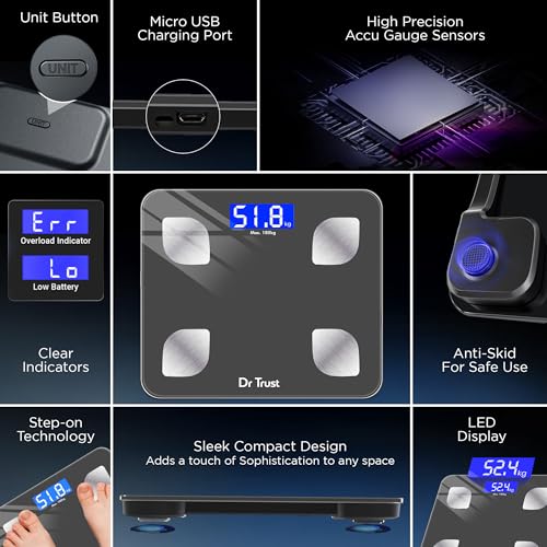 Dr Trust (USA) Rechargeable Bluetooth Digital Smart Fitness Body Fat Composition Analyzer BMI Weight Machine For Human USB Electronic Weighing Scale- 505 (Gray) - Image 5