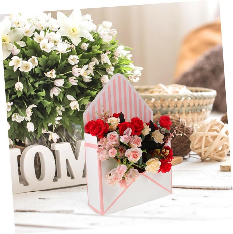 COOPHYA 4pcs Floral Bouquet Envelope Boxes for Florists, White and Pink Striped Foldable Paper Packaging, Wedding Party and Mother's Day Wrap - Image 4