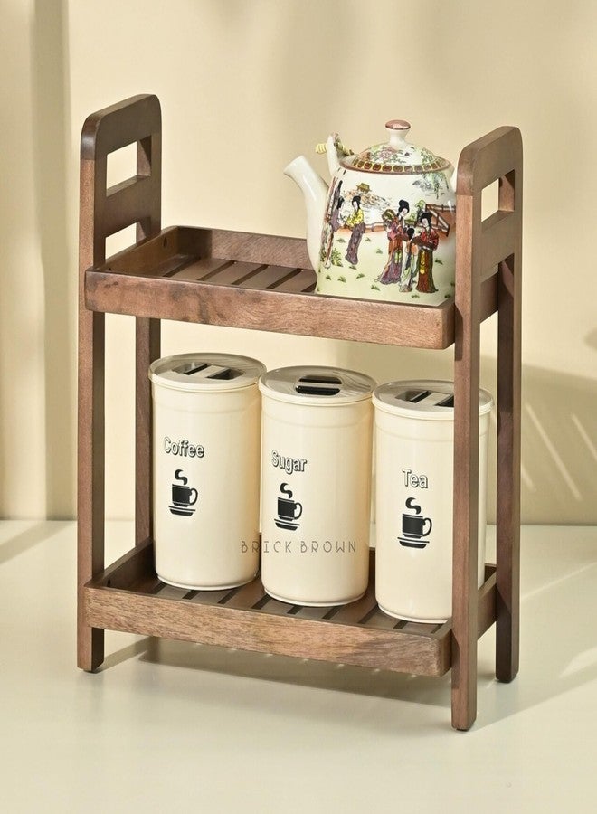 Brick Brown Premium Cocoa Kitchen Wooden Free Standing Organizer 2-Tiered Shelf Serving Stand| Display Snacks, Fruits & Desserts | Kitchen & Dining Organizer In Mahogany Finish (Self Assembly) - Image 1