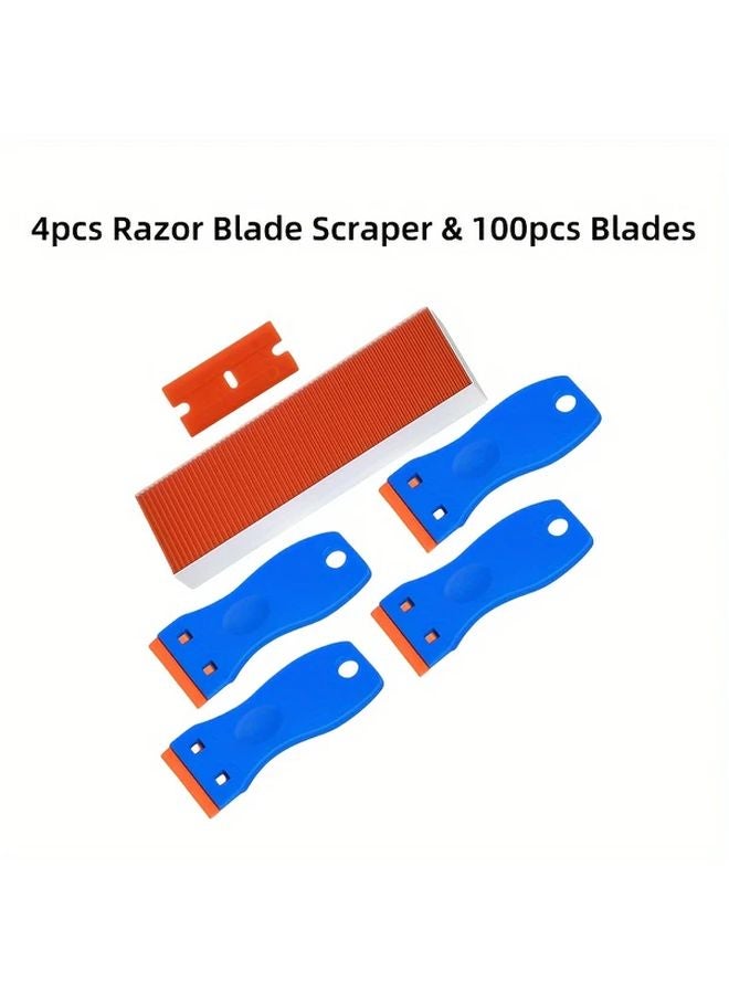 4 Scrapers And 100 Blades Plastic Razor Scraper Adhesive Remover For Labels Stickers Paint No Scratches - Image 1