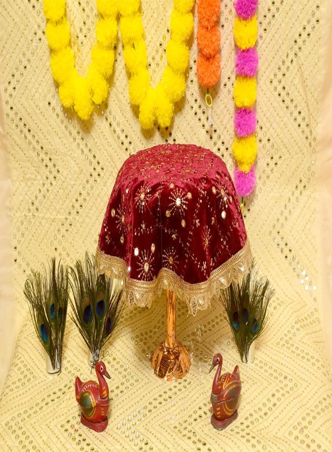Dulhan Pack of 1 Embroidery Work Round Velvet Pooja Thali Cover, Maroon Thaalposh/Puja aasan for Mandir/Prasad for Wedding Thali Rumal for Diwali, karwa chauth and Various Rituals 20 inch by Dulhan - Image 2