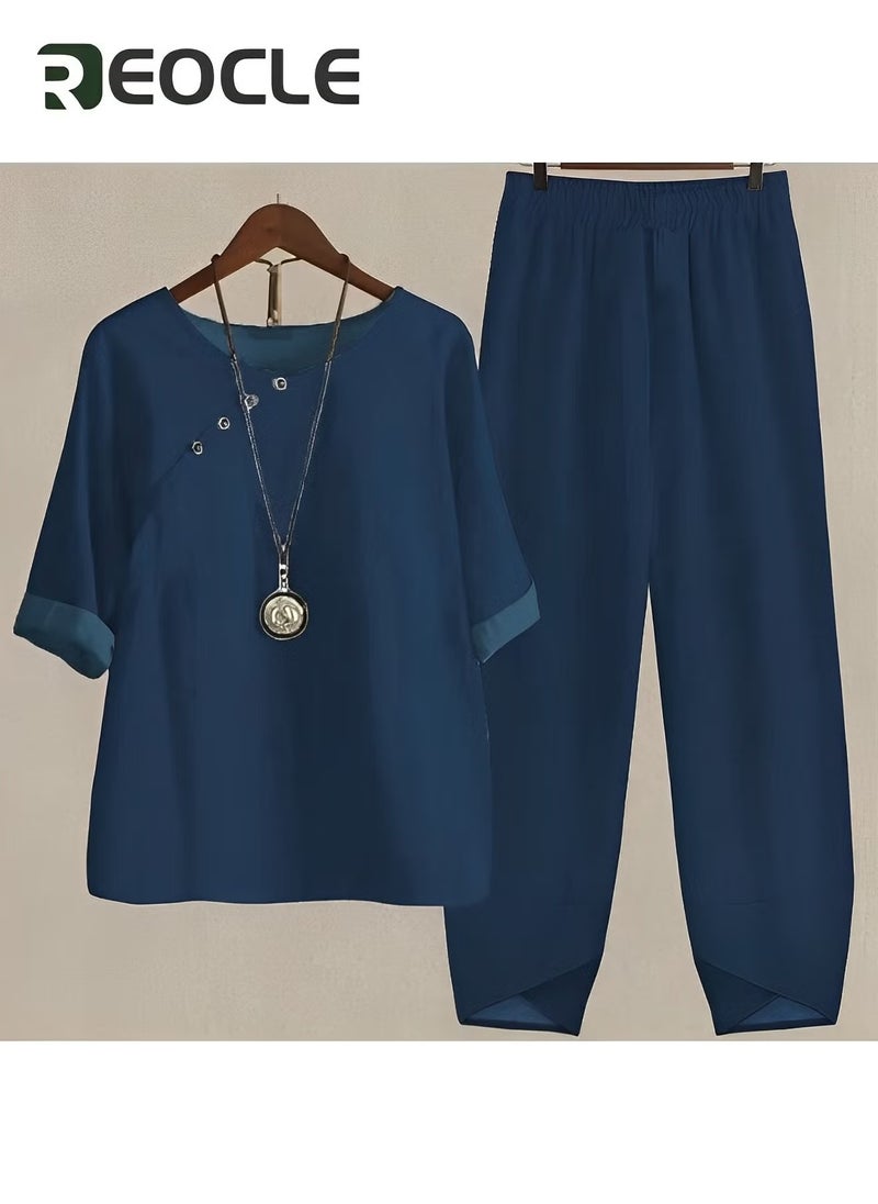 REOCLE Women's Sportswear Suit Spring and Summer Cotton and Linen Two-piece Set 1/2 Sleeve T-shirt Pants Women's Pajamas Fitness Women's High-waisted Loose Suit - Image 2