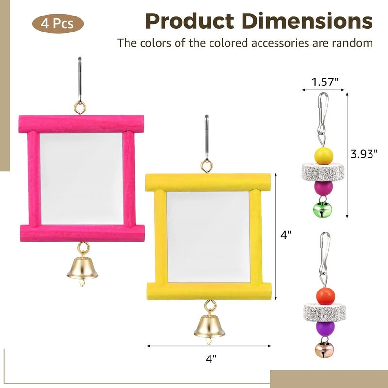 Acrylic Mirror Chicken Toy Set, Coop 4 Pcs Colorful, Bells, Beads, Beak Grinding Stone, Frame Wooden, Interactive Fun Toys Chickens, Play Stimulate Pecking, Assorted Colors - Image 4