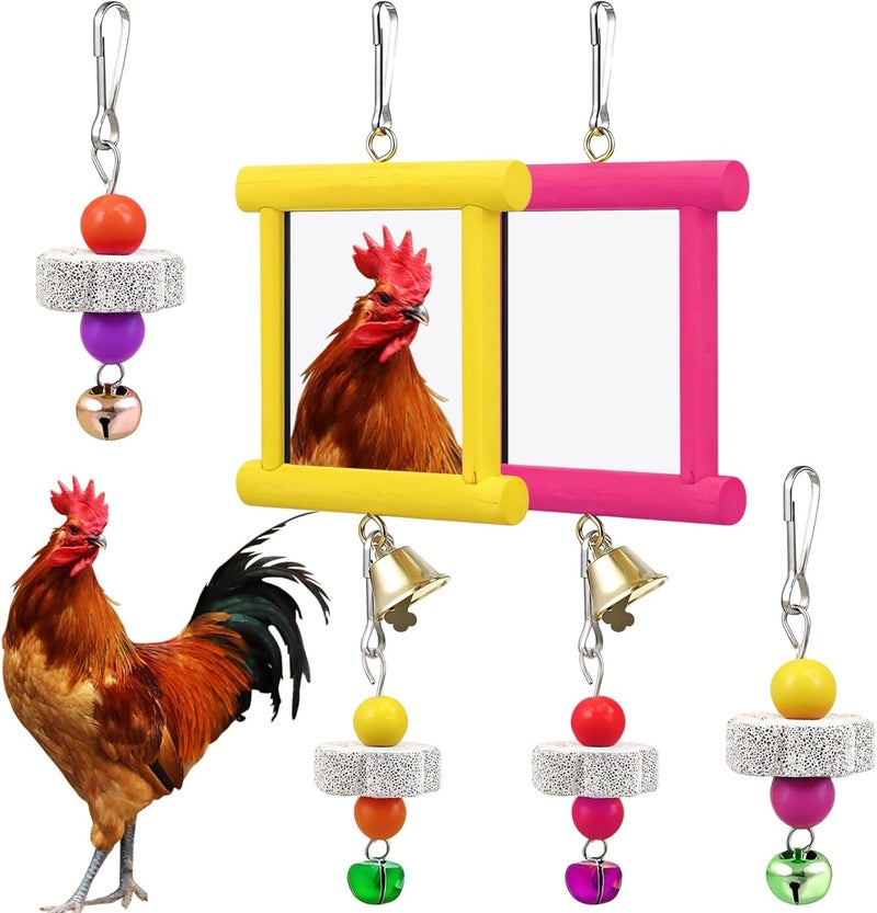 Acrylic Mirror Chicken Toy Set, Coop 4 Pcs Colorful, Bells, Beads, Beak Grinding Stone, Frame Wooden, Interactive Fun Toys Chickens, Play Stimulate Pecking, Assorted Colors - Image 1