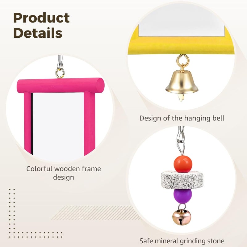 Acrylic Mirror Chicken Toy Set, Coop 4 Pcs Colorful, Bells, Beads, Beak Grinding Stone, Frame Wooden, Interactive Fun Toys Chickens, Play Stimulate Pecking, Assorted Colors - Image 2