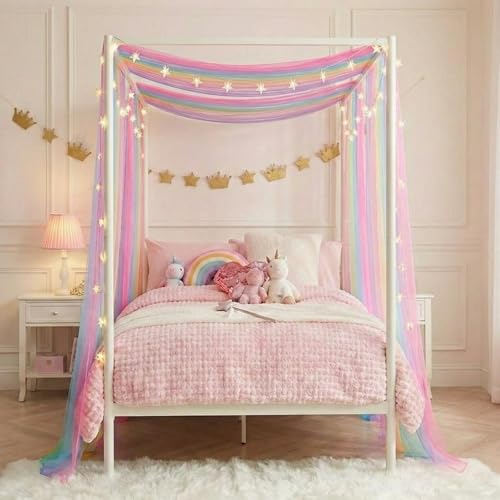 WANFASO Rainbow Bed Canopy for Girls, Sheer Twin Canopy Bed Curtains with Lights, Princess Canopy Scarf for Girls Bed Room Decor (2 Panel) - Image 5