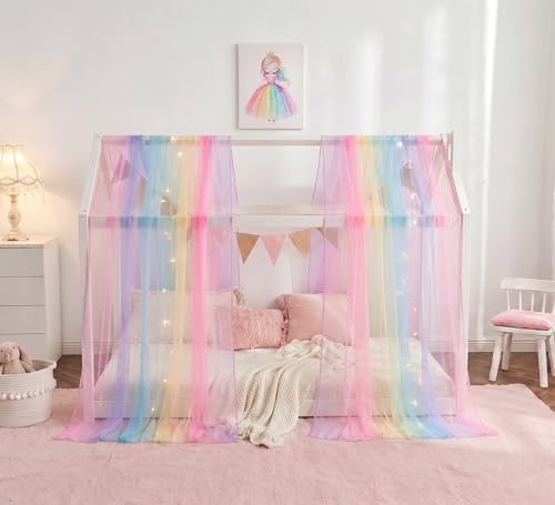 WANFASO Rainbow Bed Canopy for Girls, Sheer Twin Canopy Bed Curtains with Lights, Princess Canopy Scarf for Girls Bed Room Decor (2 Panel) - Image 1