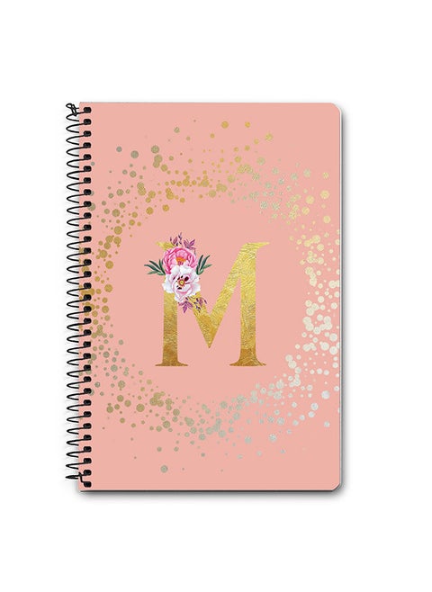 Designer A5 Spiral Notebook Memo Notepad Journal - Custom Monogram Initial Letter Floral Pattern Alphabet - M - Rose Pink