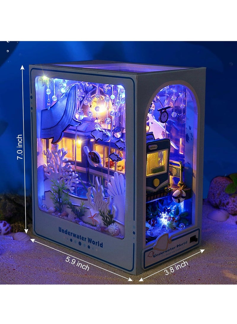 DIY Book Corner Kit, 3D Wooden Puzzle Book Corner, Decorative Bookends, Bookshelf Insert Decorative Alley with Furniture and LED Lights for Birthday Home Desk Decoration (Undersea Guide) - Image 3