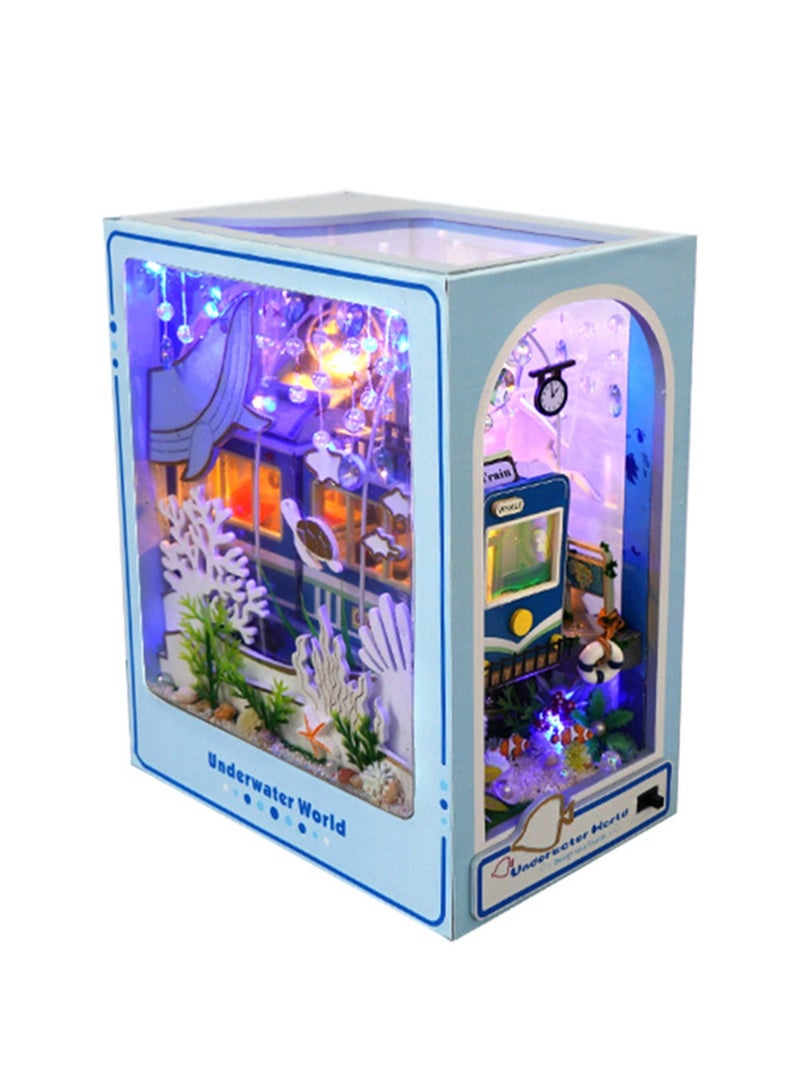 DIY Book Corner Kit, 3D Wooden Puzzle Book Corner, Decorative Bookends, Bookshelf Insert Decorative Alley with Furniture and LED Lights for Birthday Home Desk Decoration (Undersea Guide) - Image 1