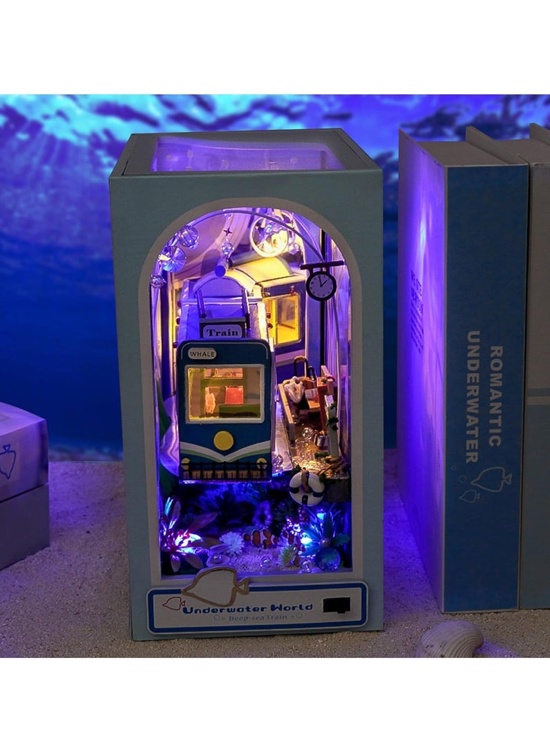 DIY Book Corner Kit, 3D Wooden Puzzle Book Corner, Decorative Bookends, Bookshelf Insert Decorative Alley with Furniture and LED Lights for Birthday Home Desk Decoration (Undersea Guide) - Image 2