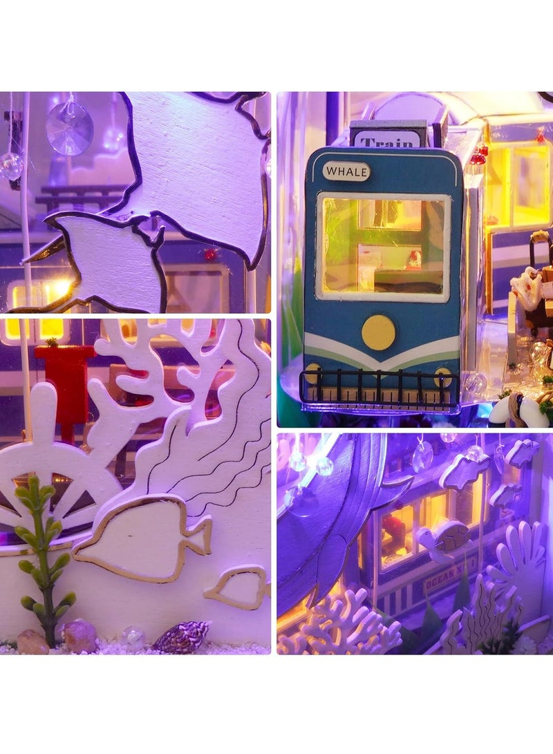 DIY Book Corner Kit, 3D Wooden Puzzle Book Corner, Decorative Bookends, Bookshelf Insert Decorative Alley with Furniture and LED Lights for Birthday Home Desk Decoration (Undersea Guide) - Image 4