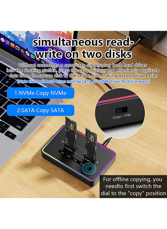 Generic Dual-Bay M.2 SSD Base NVMe/SATA One-Click Offline Copy 20G Transmission Solid State Drive Box ABS Material USB3.2 Gen2*2 Interface-Color:RGB Colorful Lights ]  - Image 3