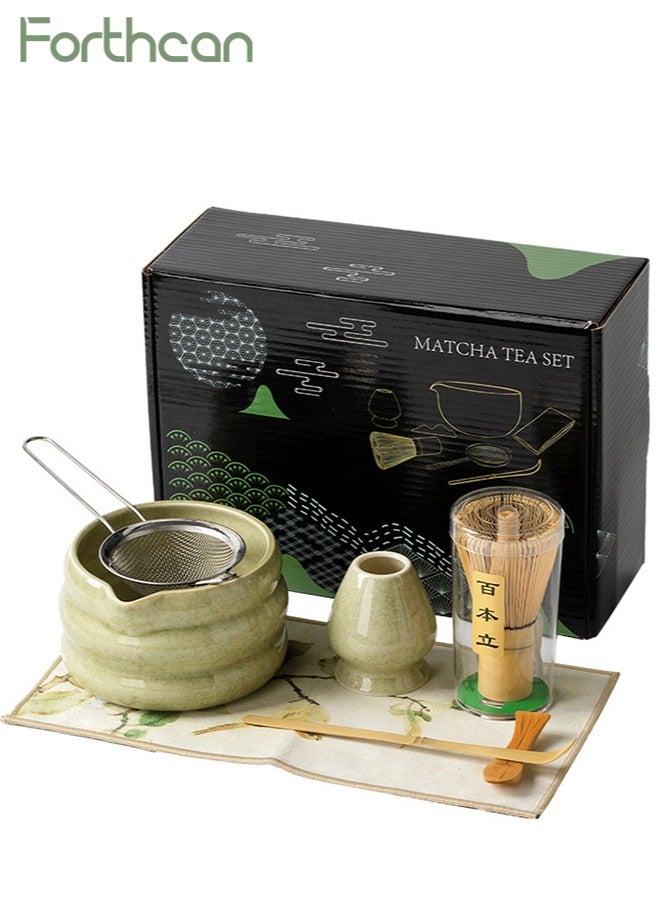 فورثكان طقم شاي ماتشا 7 قطع مع مضرب ووعاء، طقم ماتشا ياباني لمراسم الشاي، طقم مضرب ووعاء ماتشا من السيراميك لصنع اللاتيه، هدية لعشاق الماتشا والمبتدئين - Image 1