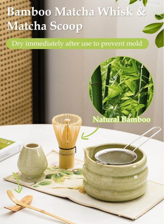 فورثكان طقم شاي ماتشا 7 قطع مع مضرب ووعاء، طقم ماتشا ياباني لمراسم الشاي، طقم مضرب ووعاء ماتشا من السيراميك لصنع اللاتيه، هدية لعشاق الماتشا والمبتدئين - Image 2