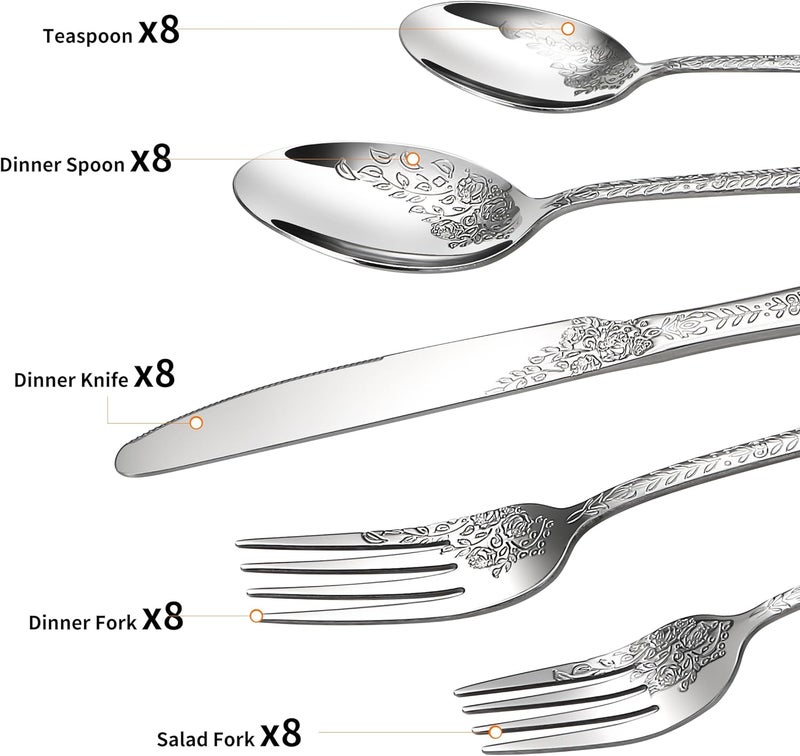 Lazycorner Floral 40 Pcs Silverware Set for 8 Food Grade Stainless Steel Flatware Set with Rose Flower Embossed Design Eating Utensils Sets Include ForkKnifeSpoon Reusable Cutlery Set Dishwasher Safe - Image 2