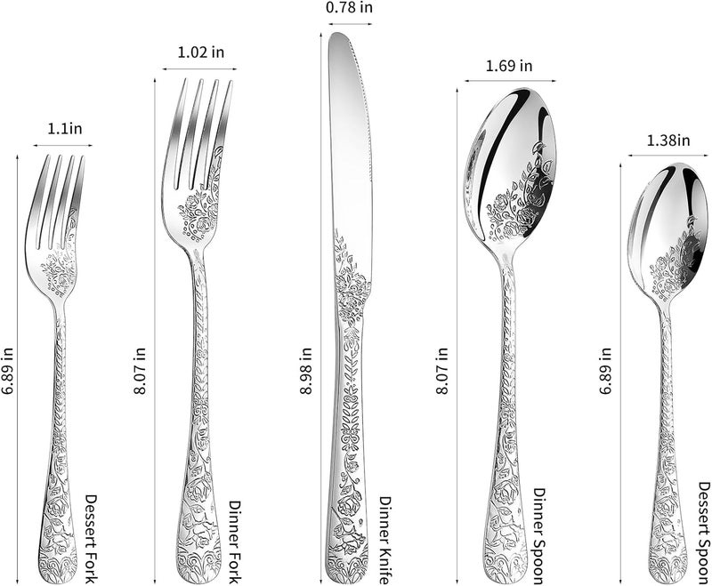 Lazycorner Floral 40 Pcs Silverware Set for 8 Food Grade Stainless Steel Flatware Set with Rose Flower Embossed Design Eating Utensils Sets Include ForkKnifeSpoon Reusable Cutlery Set Dishwasher Safe - Image 3