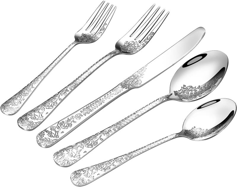 Lazycorner Floral 40 Pcs Silverware Set for 8 Food Grade Stainless Steel Flatware Set with Rose Flower Embossed Design Eating Utensils Sets Include ForkKnifeSpoon Reusable Cutlery Set Dishwasher Safe - Image 1