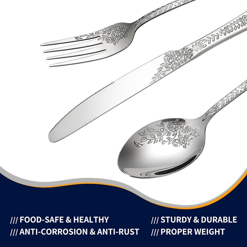 Lazycorner Floral 40 Pcs Silverware Set for 8 Food Grade Stainless Steel Flatware Set with Rose Flower Embossed Design Eating Utensils Sets Include ForkKnifeSpoon Reusable Cutlery Set Dishwasher Safe - Image 5