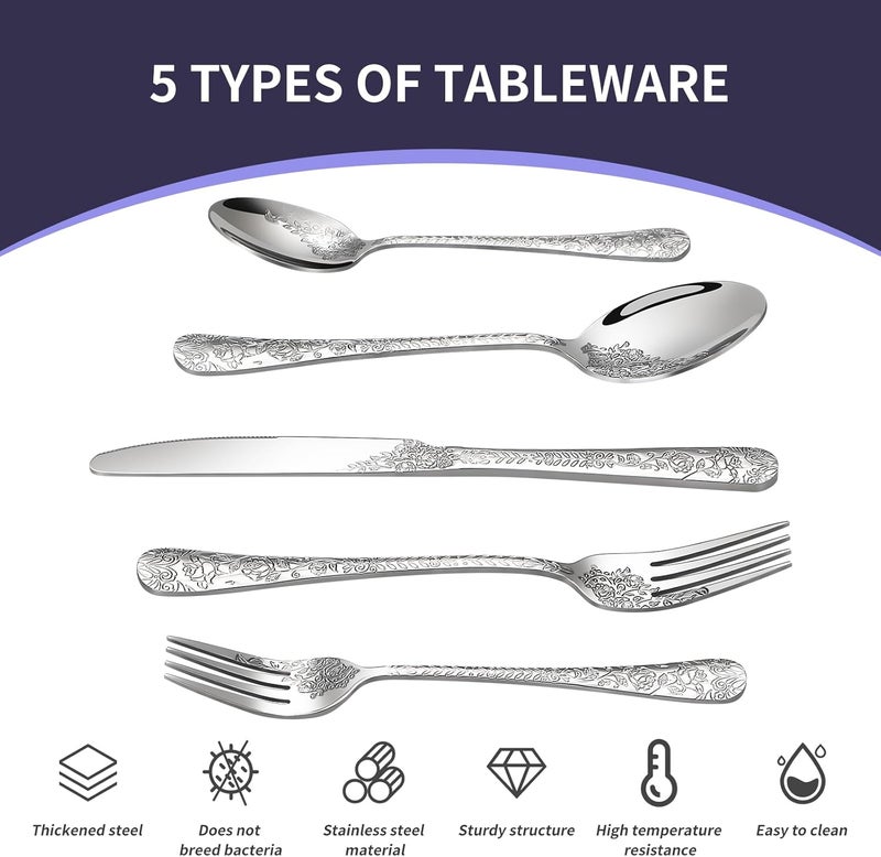 Lazycorner Floral 40 Pcs Silverware Set for 8 Food Grade Stainless Steel Flatware Set with Rose Flower Embossed Design Eating Utensils Sets Include ForkKnifeSpoon Reusable Cutlery Set Dishwasher Safe - Image 4