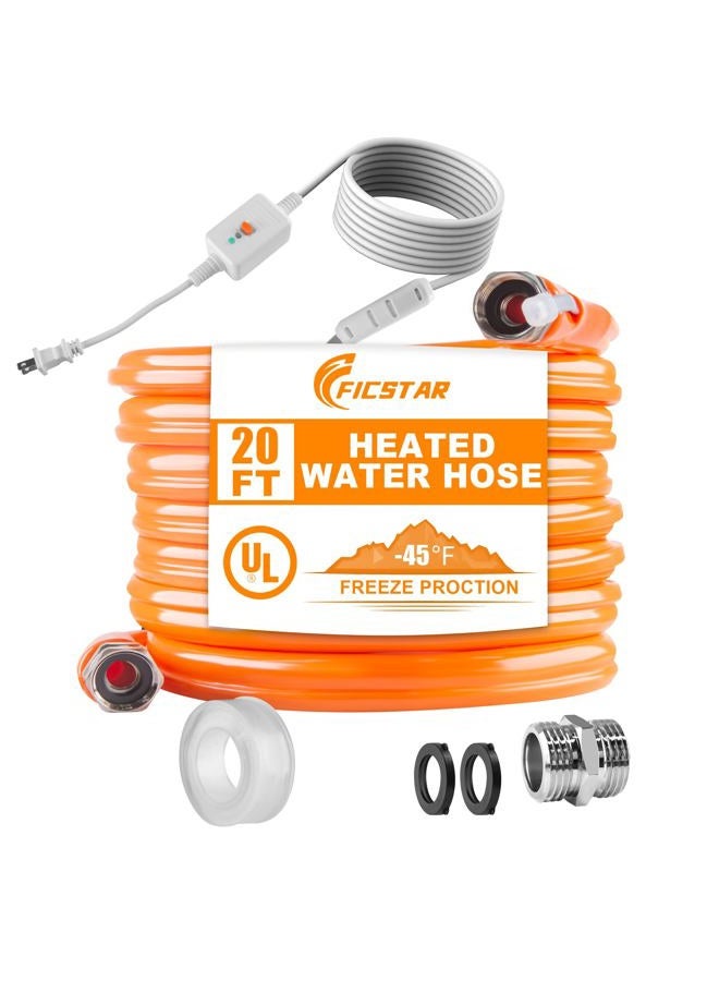 Ficstar 20FT Heated Water Hose for RV, Heated Drinking Water Hose Antifreeze to -45°F, Water Heater Thermostat with Self-regulating Function, 5/8" I.D. with 3/4" GHT Adapter, Lead and BPA Free,No Odor - Image 1