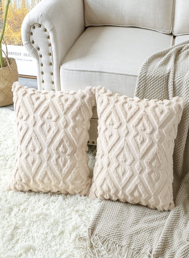 Artscope Pack of 2 Soft Plush Short Wool Velvet Decorative Throw Pillow Covers Luxury Style Cushion Covers European Pillow Shell for Sofa Bedroom Diamond Shape Cream Beige, Super Small Size 14x14 Inch - Image 3
