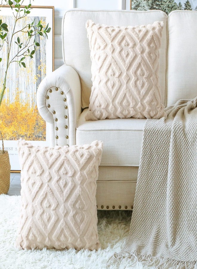 Artscope Pack of 2 Soft Plush Short Wool Velvet Decorative Throw Pillow Covers Luxury Style Cushion Covers European Pillow Shell for Sofa Bedroom Diamond Shape Cream Beige, Super Small Size 14x14 Inch - Image 2